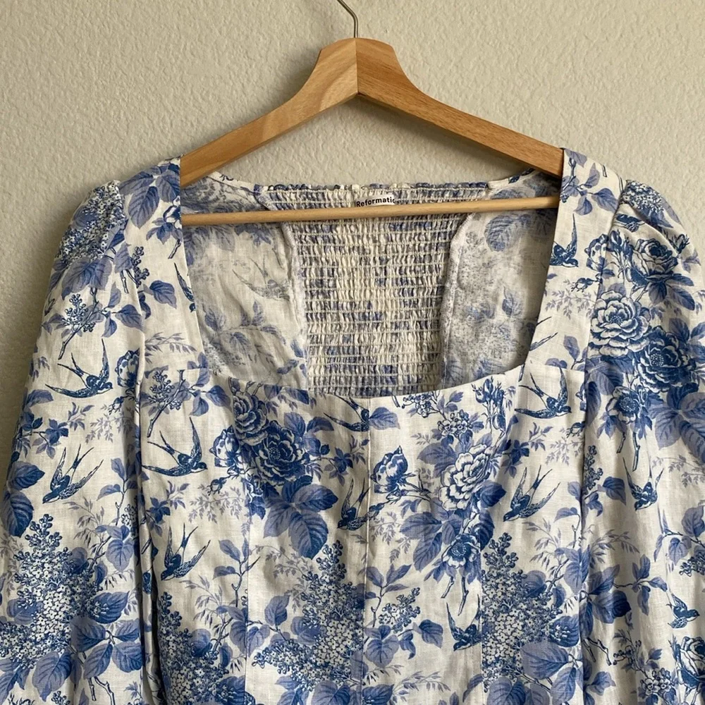 Reformation Linen Stilton Floral Romantic Square Neck Long Sleeve Top Size 10 - Picture 7 of 16